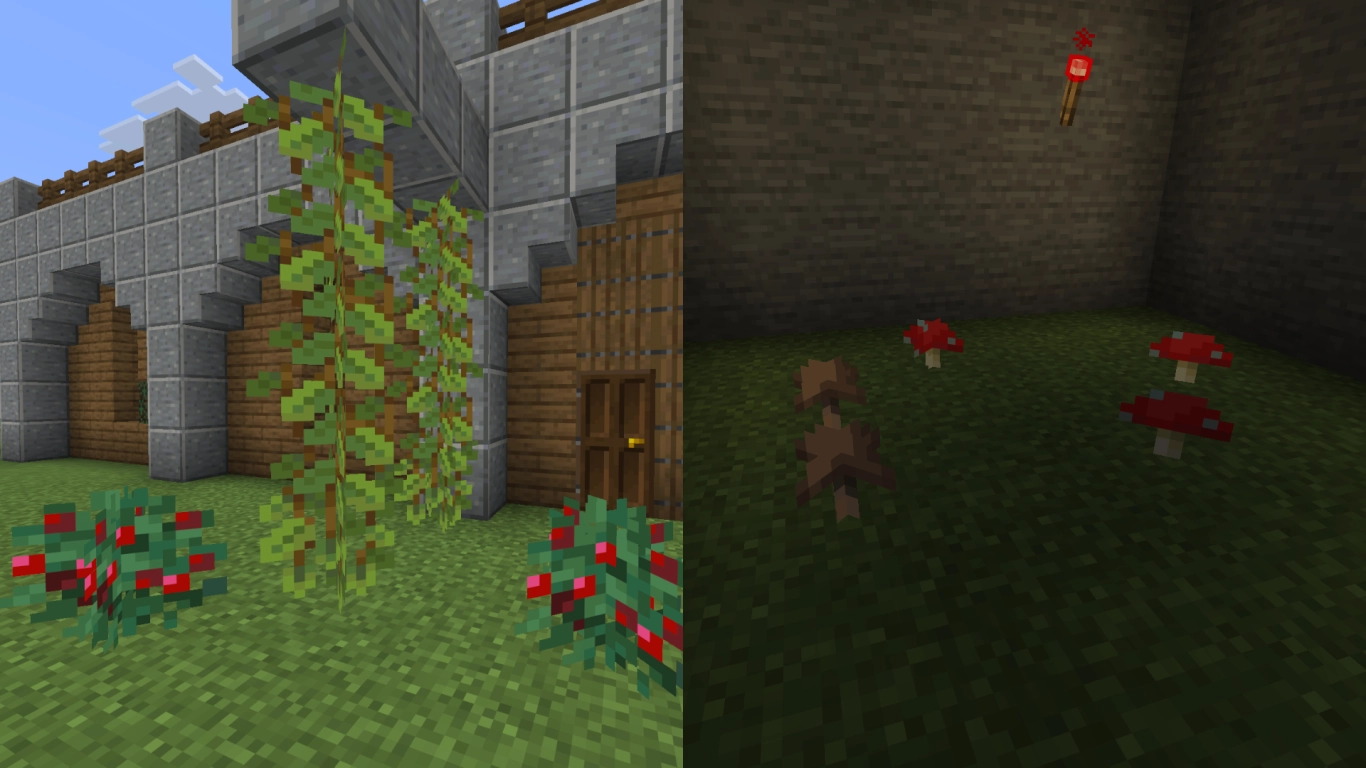 Bayas dulces, bayas luminosas y setas de Minecraft como plantas comestibles y decorativas