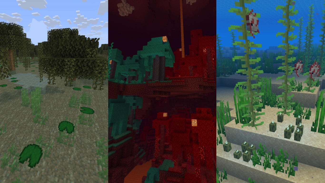 Enredaderas, musgo, nenúfares, hierba marina y plantas del Nether en distintos biomas de Minecraft
