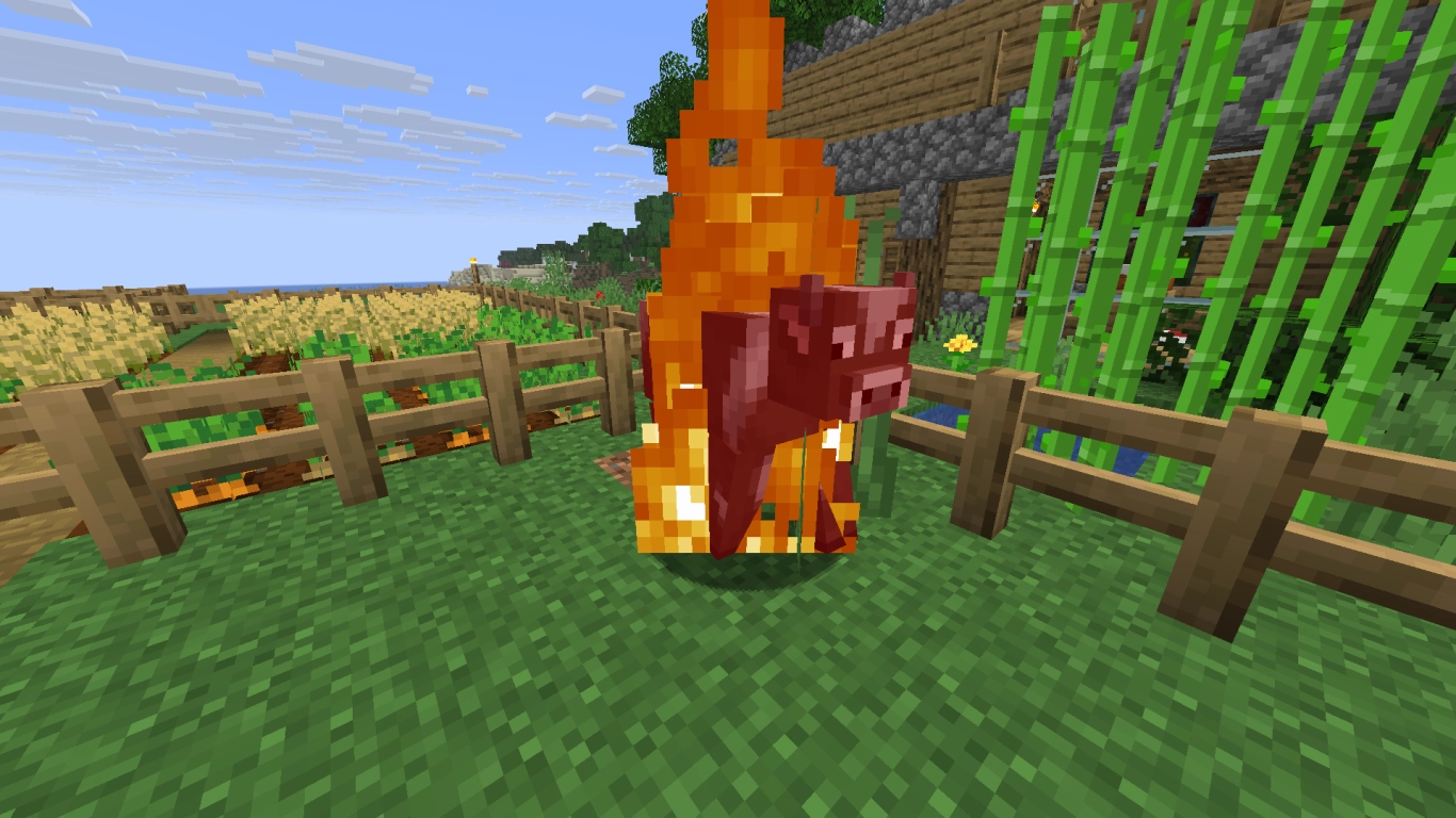 Instant cooked meat in Minecraft: Use Fire Aspect, fire, and lava