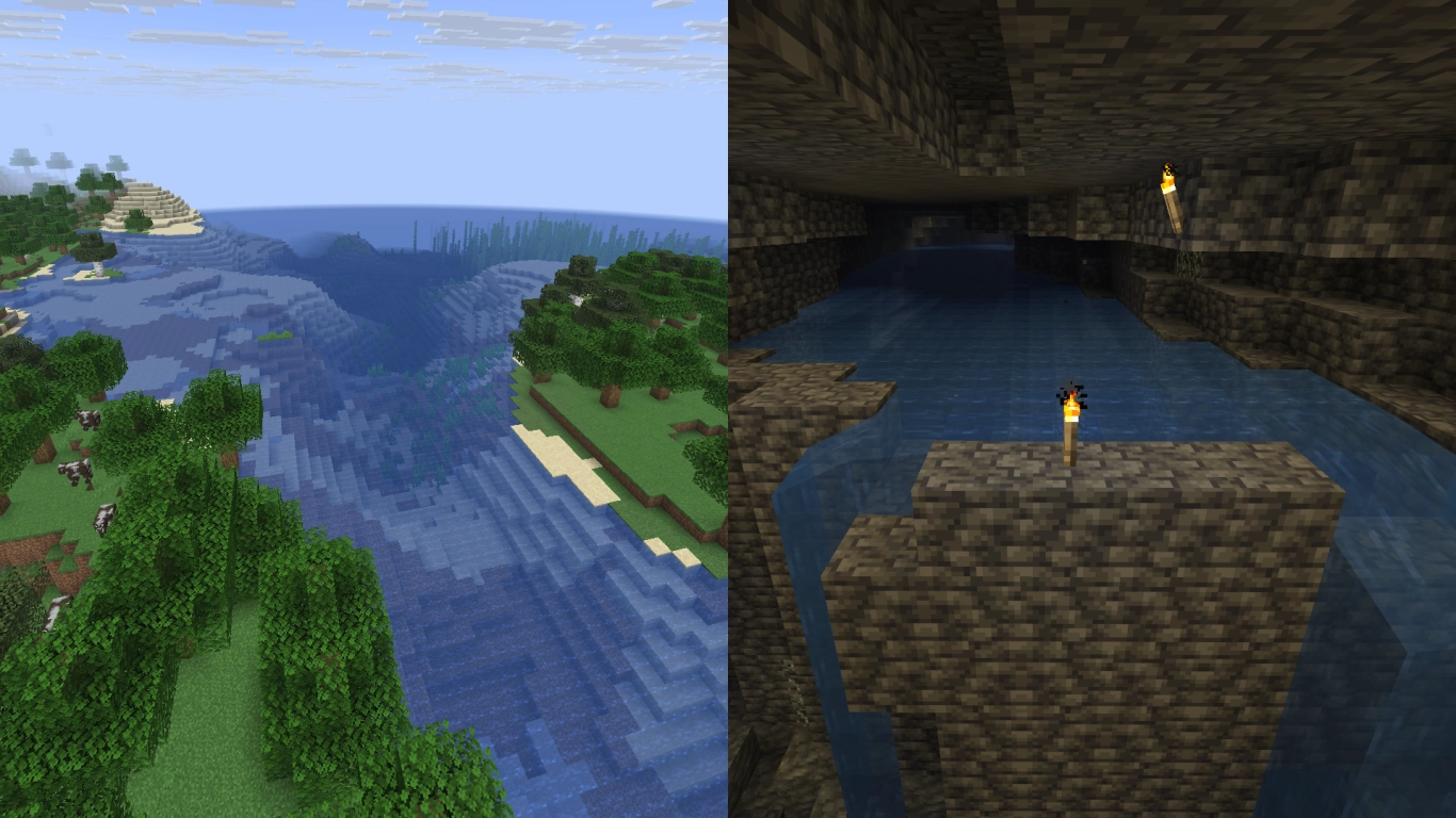 Minecraft water in oceans, rivers, and caves, with properties and uses