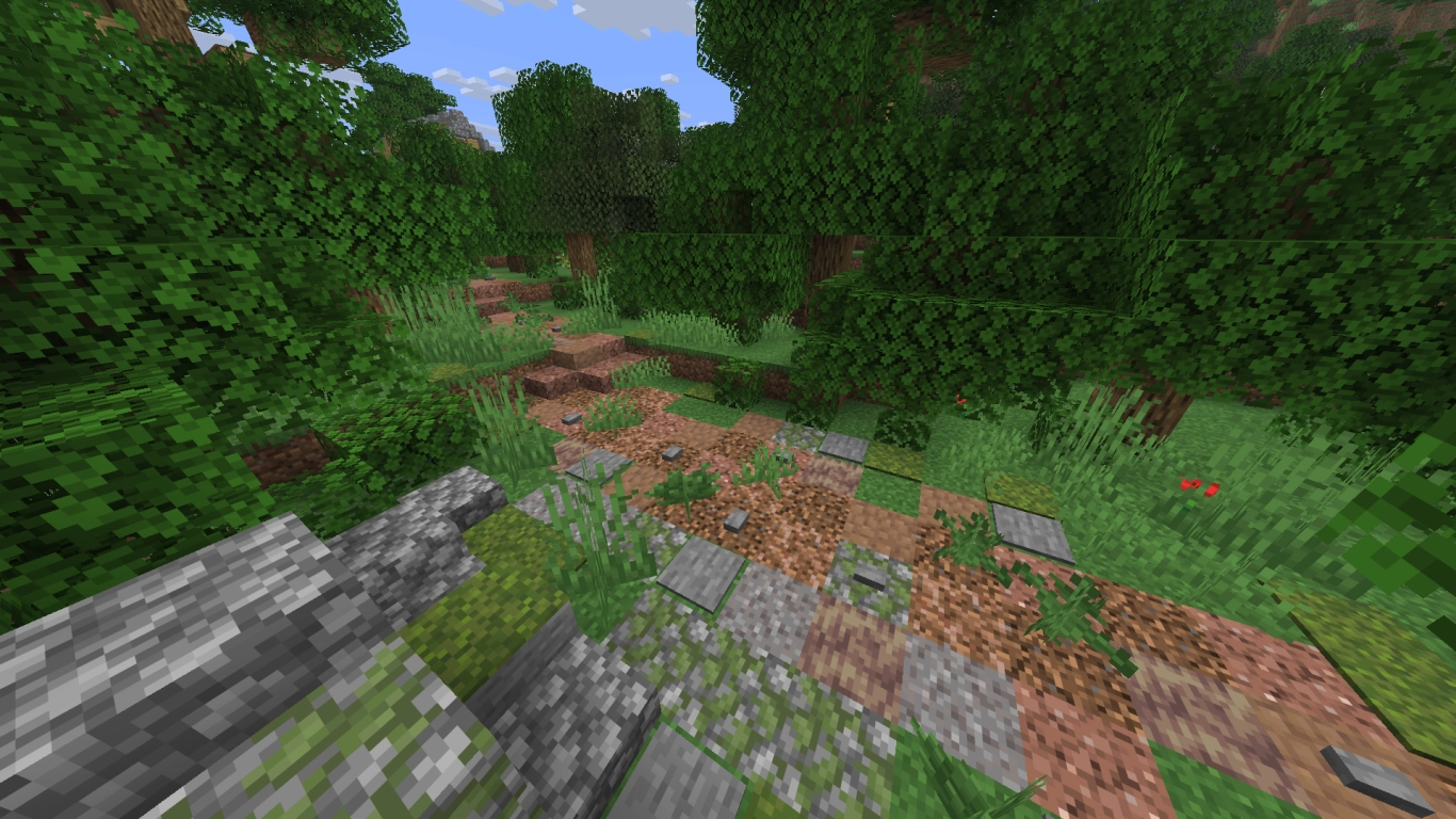 Adding decoration, vegetation, and lighting along a forest path in Minecraft