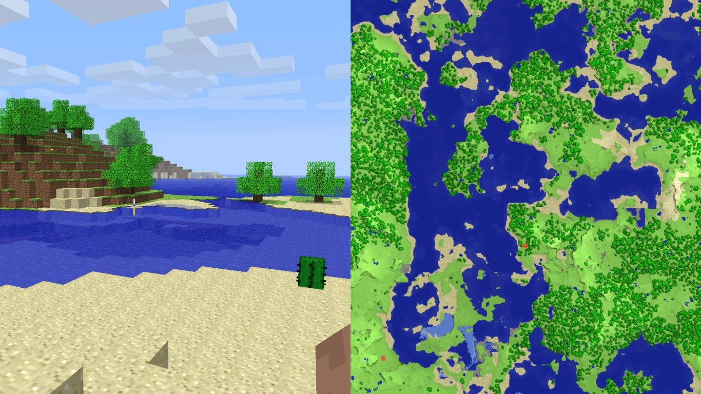 Minecraft Alpha: neon-green grass, forests, and early mountains