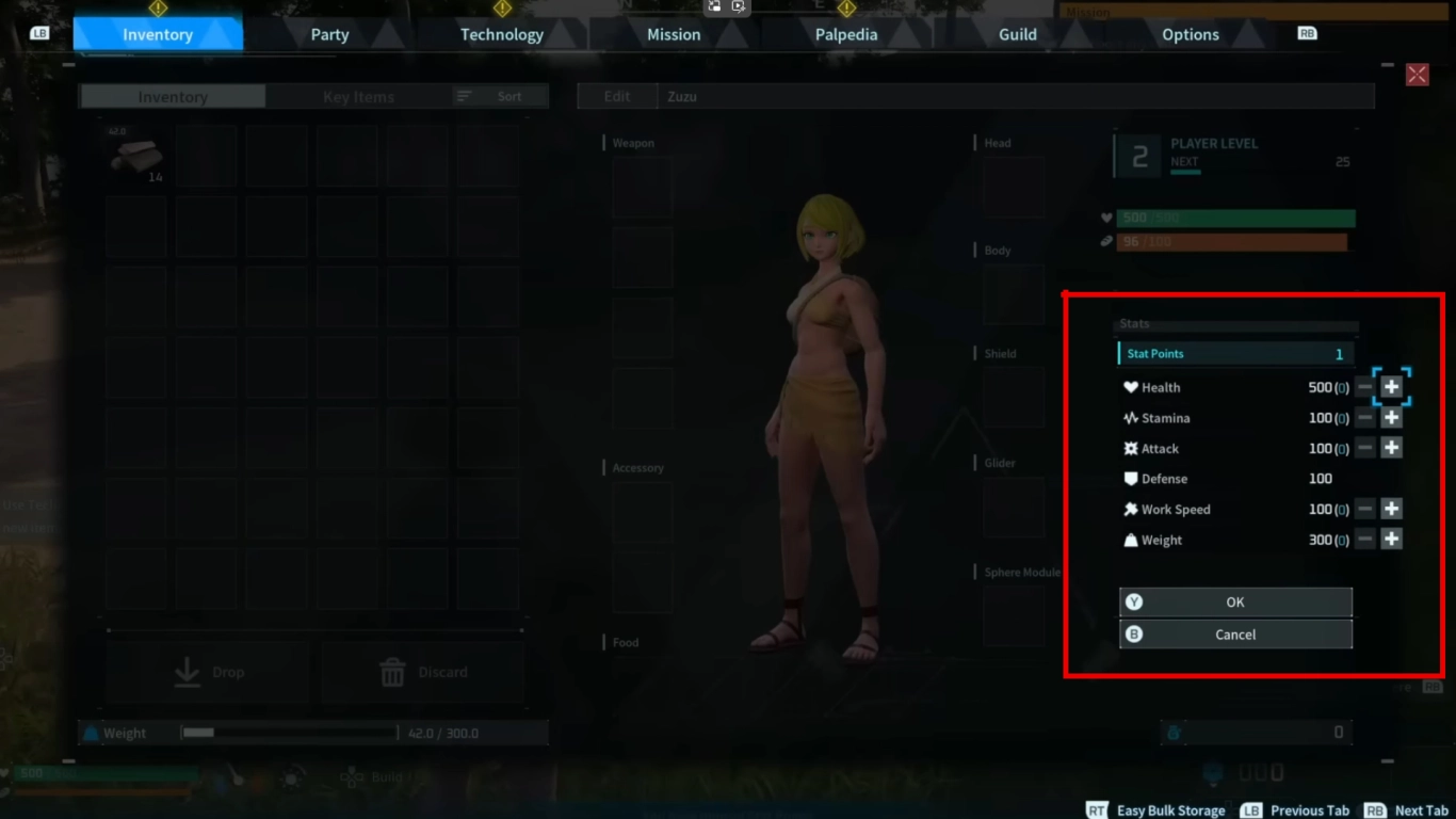 Assign attribute points to Health Weight and Stamina in Palworld