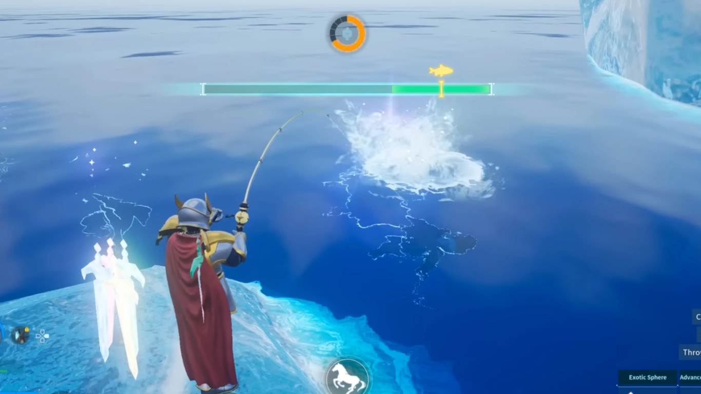 Minijuego de pesca en Palworld con medidor de captura paso a paso