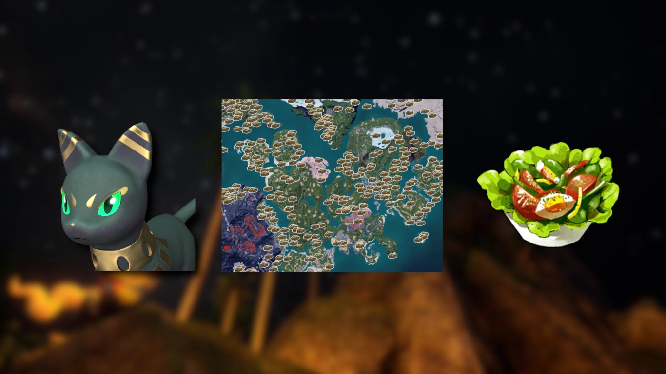 Palworld mid-game gold farming with Mau at the Ranch, scrap piles, and salad
