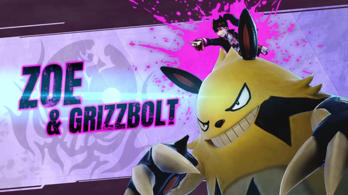 Palworld Tower Boss Zoe and Grizzbolt battling in the Windswept Hills arena