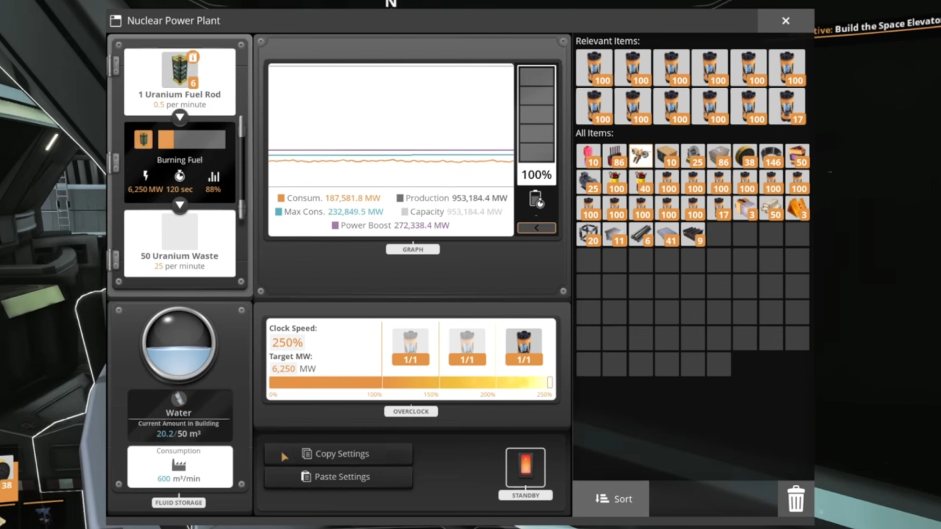 Satisfactory nuclear power: setup, water requirements, and nuclear fuels