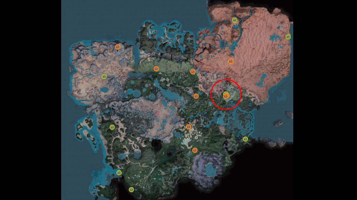 Satisfactory map with Caterium deposits and Titan Forest as a hotspot