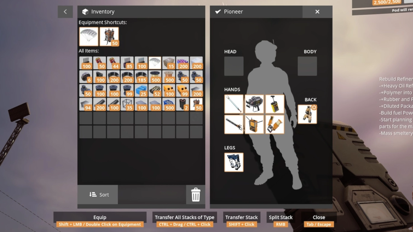 Satisfactory inventory management with slots, favorites, and hotbar