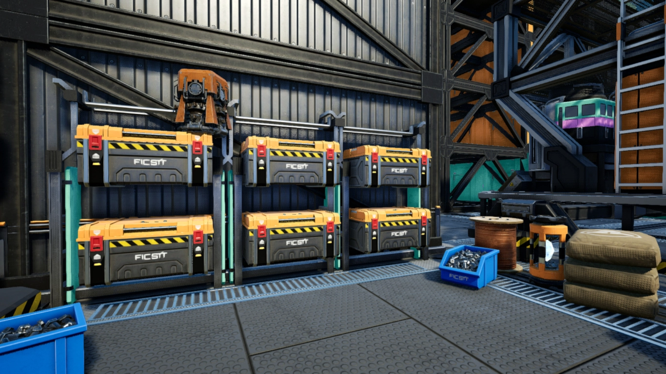 Satisfactory personal storage box in the HUB, stacked on shelves