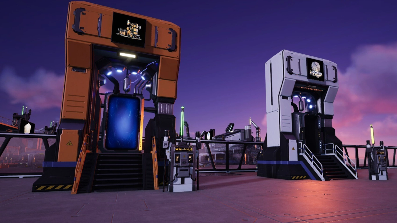 Portals in Satisfactory with Singularity Cell and Warp Drive for teleporting