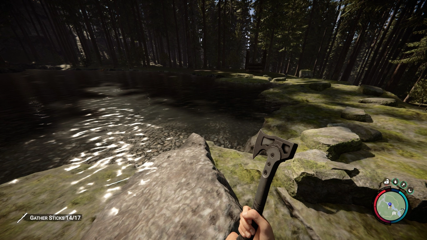 Sons of the Forest: ubicación óptima de la base junto a río y acantilado para máxima defensa