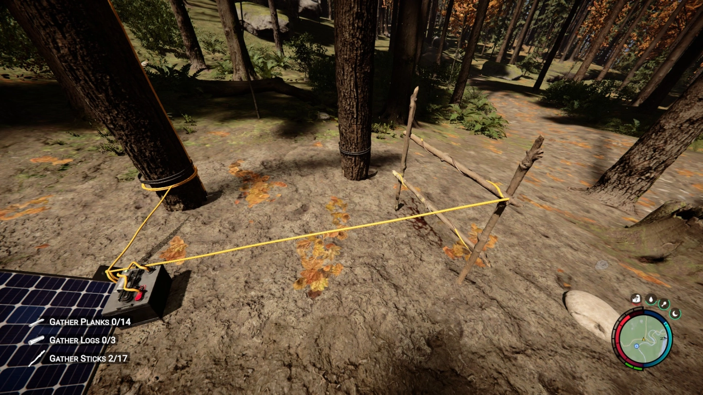 Electric fence – cable wrapped around sticks, blue sparks when powered