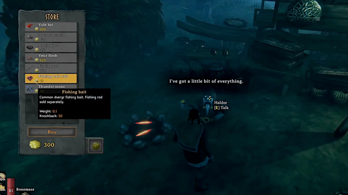 Buy Valheim fishing rod and bait from trader Haldor