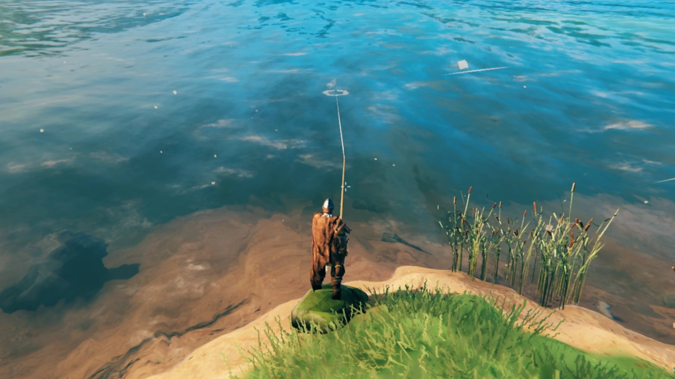 Valheim fishing how-to at a lakeshore with casting, biting, and reeling in