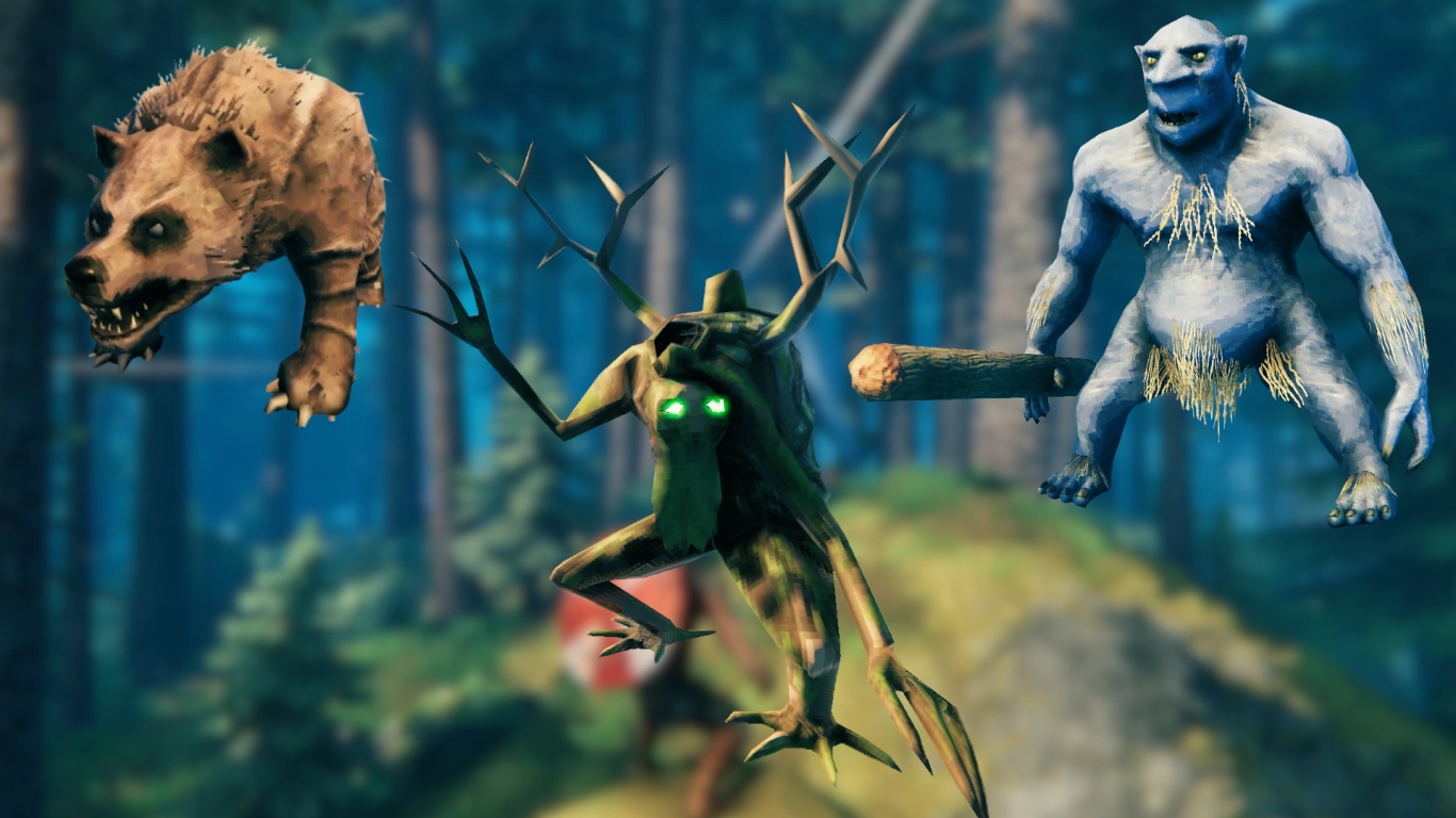Valheim enemies in the Black Forest including Greydwarfs trolls and skeletons