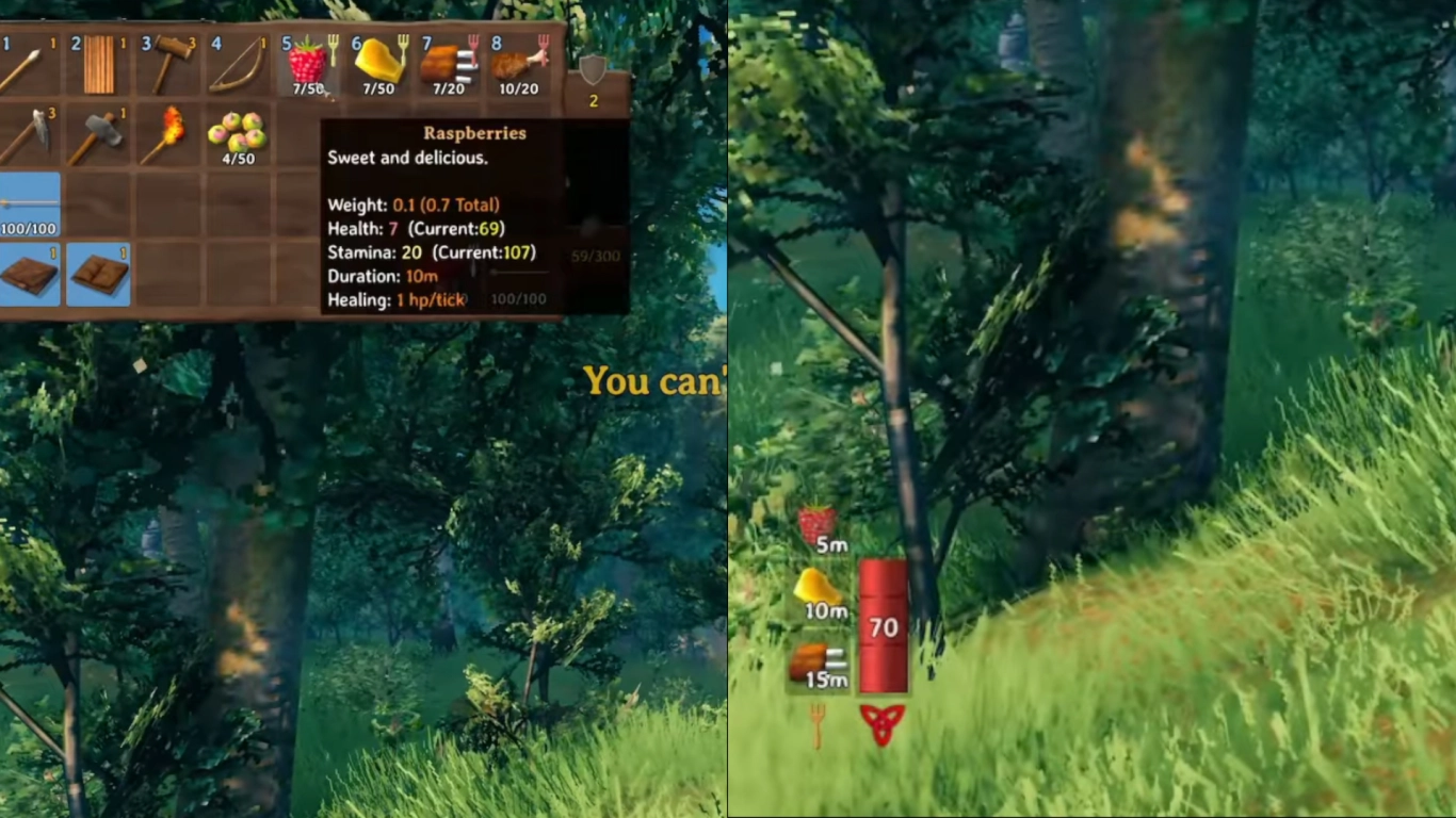 Valheim HUD with three food slots for Health Stamina and Eitr