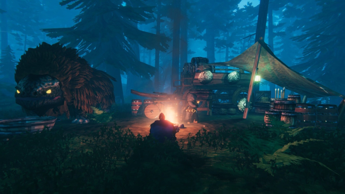 Haldor the merchant in the Black Forest in Valheim with his shop