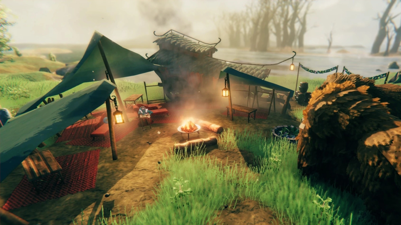 Hildir the merchant in the Meadows in Valheim standing in front of her shop