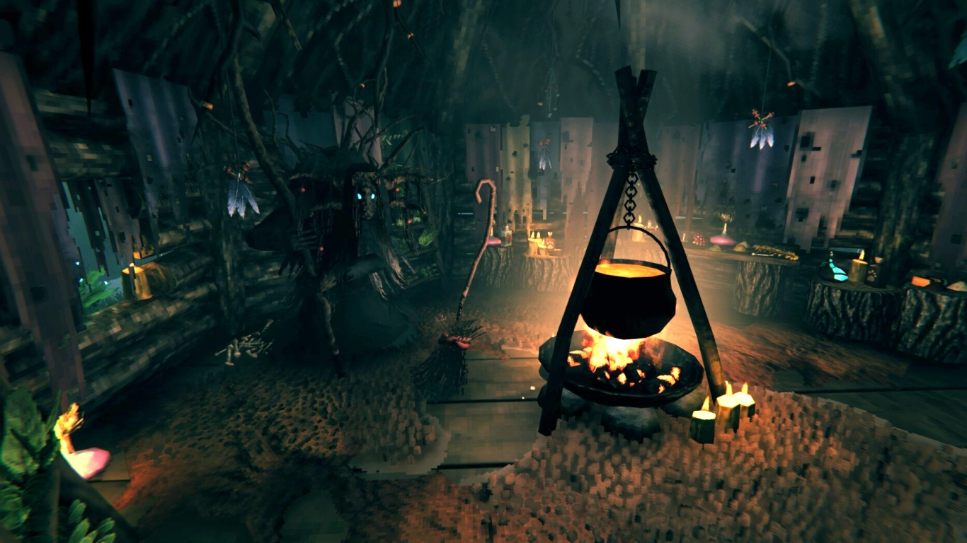 The Swamp Witch in the Swamp in Valheim by her cauldron in the hut