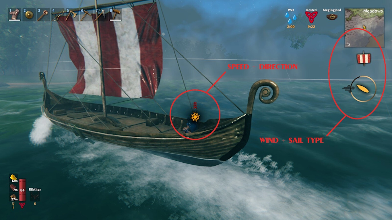 Valheim ship under sail with tailwind on the open sea