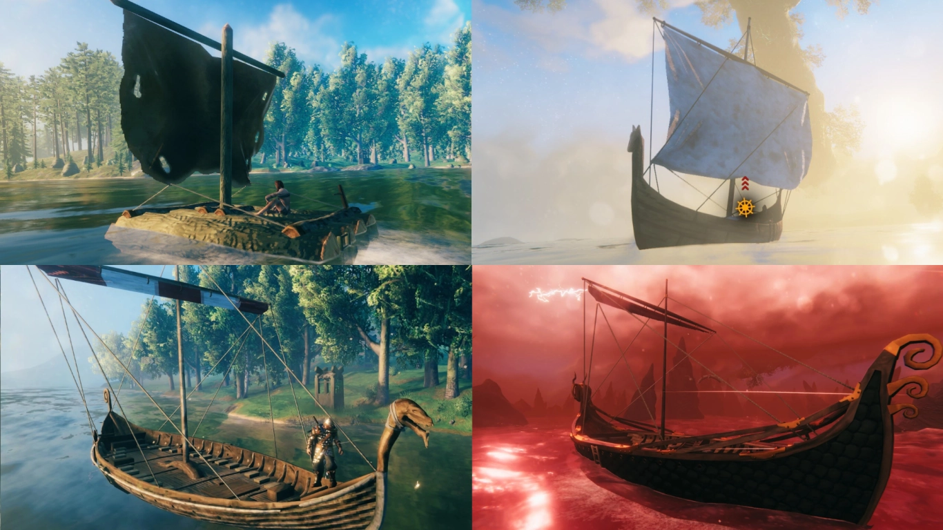 Valheim boats compared: Raft, Karve, Longship and Drakkar in the harbor
