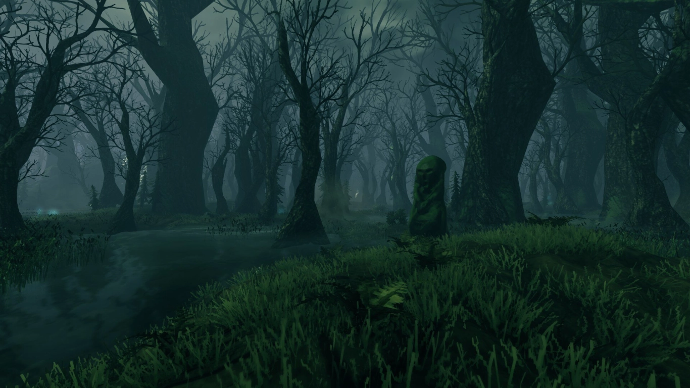 Valheim Swamp biome overview with rain, water, and trees