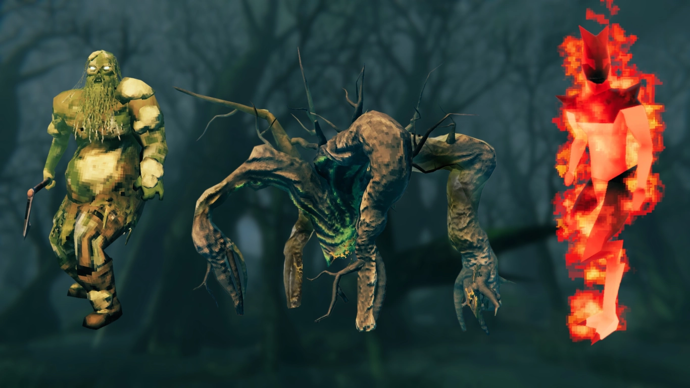 Valheim Swamp enemies Draugr, Blob, and Surtling in combat