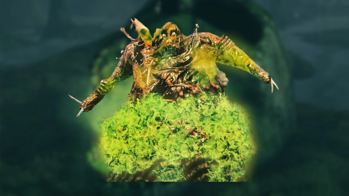 Valheim boss Bonemass in the Swamp, fighting through poison clouds