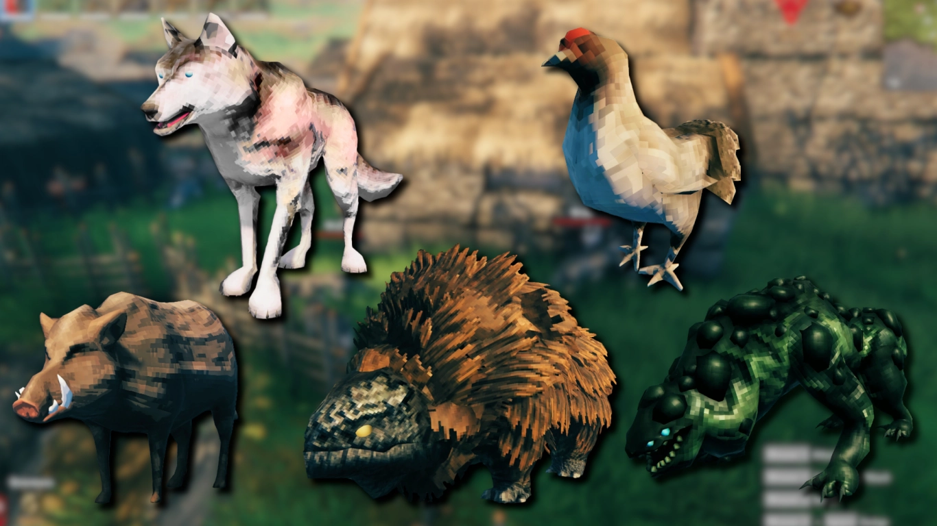 All tameable animals in Valheim: boar, wolf, lox, chicken, and asksvin